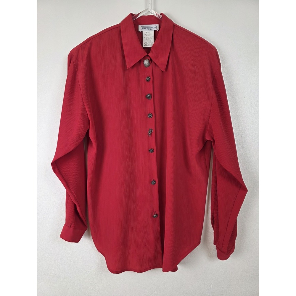 Impressions of California Blouse Shirt Womens Small Red Butgton Up Long Sleeves